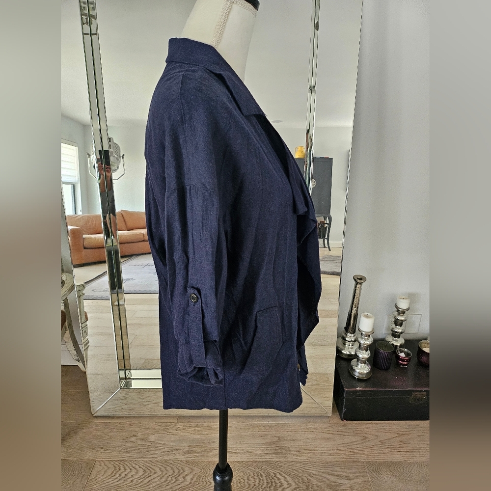 Love Tree Linen Blend Open Front Waterfall Jacket Women's Size M Navy - Picture 3 of 5
